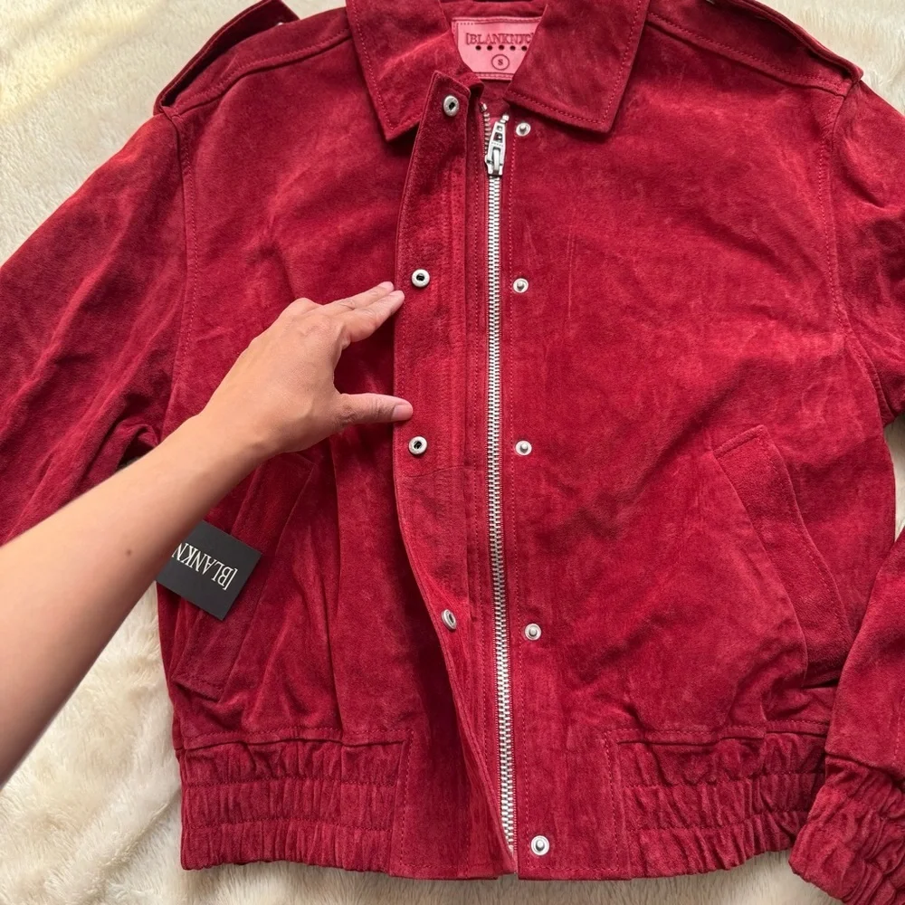 NWT BLANKNYC Red Suede Leather Moto Bomber Jacket Cherry Womens Small - Picture 3 of 7